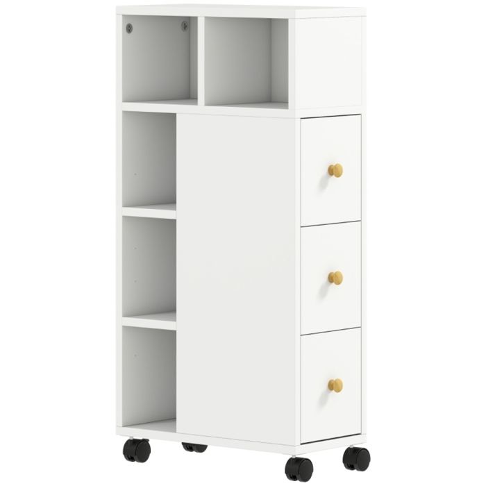 Gain de place meuble de salle de bain étroit avec 3 tiroirs 5 niches ouvertes et 4 roulettes pour petits espaces