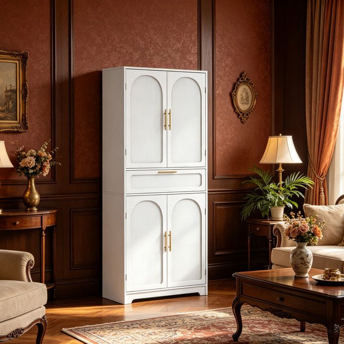 Buffet haut de cuisine blanc meuble de rangement avec 4 portes 1 grand tiroir et étagères réglables