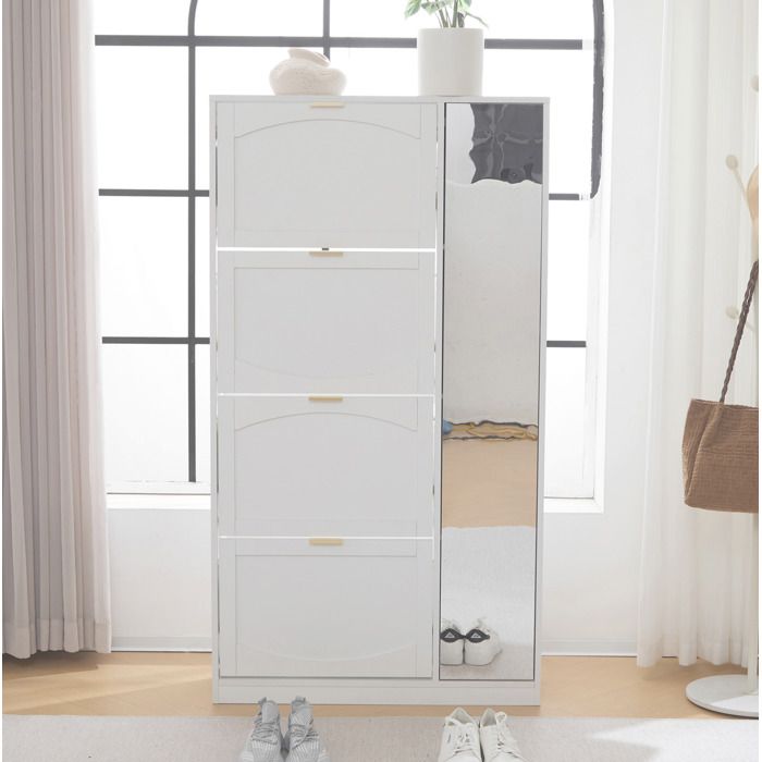 Meuble à chaussures Maisentiel blanc avec miroir 4 compartiments rabattables étagères réglables 80 x 147 x 24 cm