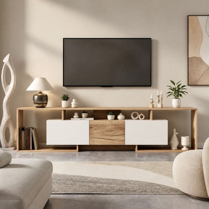 Meuble TV blanc et naturel 180 x 30 x 49 cm 6 rangements portes Push-to-Open 45 kg style nordique