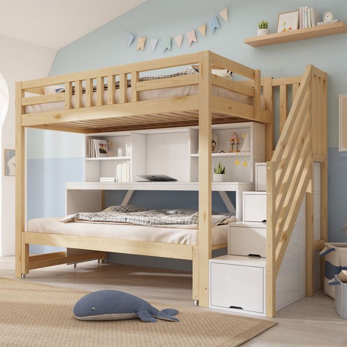 Lit superposé enfant 90×200/190 cm avec lit gigogne bureau mobile meuble‑escalier étagère EN747‑1:2024 sans matelas blanc+chêne