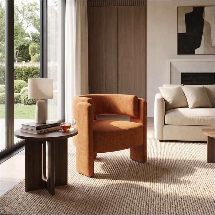 Fauteuil de Salon en Tissu Chenille Orange Fauteuil Rembourré Assise Confortable Pieds en Bois Charge Max. 120 kg pour Chambre