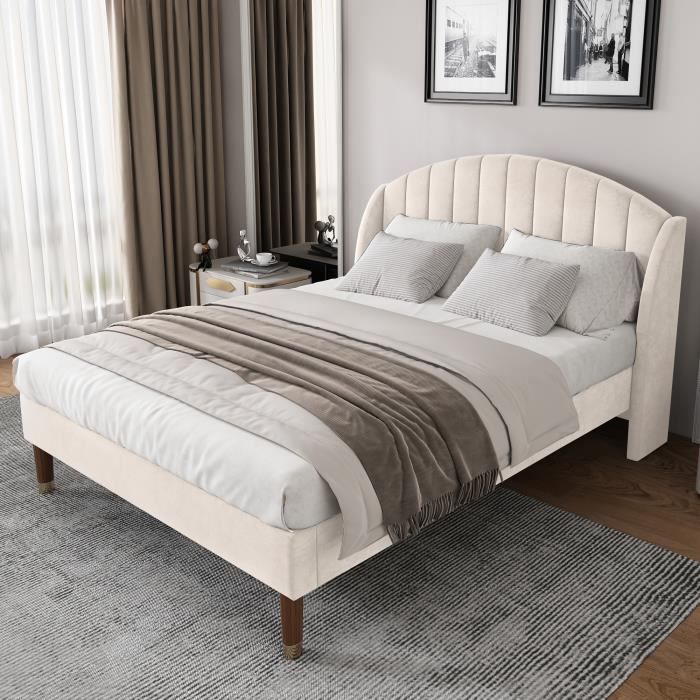 lit capitonné 140x200 cm avec sommier à lattes et tête de lit tapissée, tissu velours - aapaas - beige