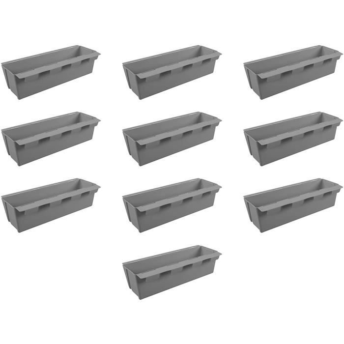 Lot de 10 Jardinières en Plastique pour palettes ARTECSIS Bacs à Fleurs Décoration Jardin 9x36.8x9.5cm - Rectangulaire - Gris béton
