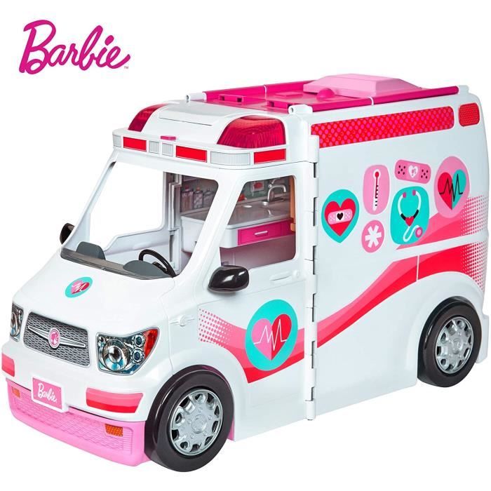 barbie véhicule médical rose et blanc pour poupée, voiture ambulance transformable en hôpital avec plus de 20 accessoires, jouet pou