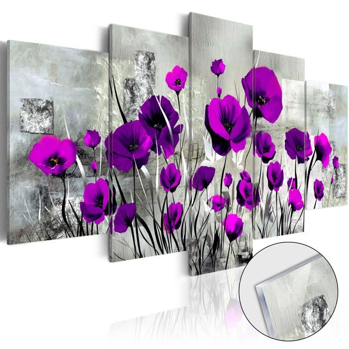 Tableaux en verre acrylique décoration murale motif Coquelicots violets en 5 panneaux 200x100 cm TVA110079