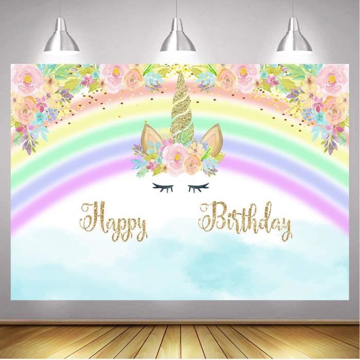 Toile de fond Anniversaire Personnalisable Licorne Rose Arc-en-ciel LXX1-241
