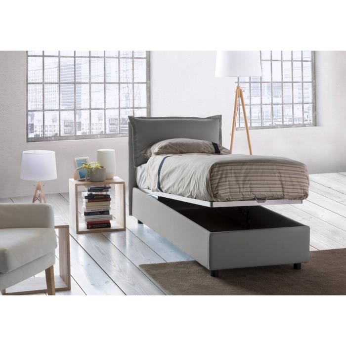 lit simple avec conteneur dmora - vanessa - gris - ouverture frontale - tête de lit avec oreiller