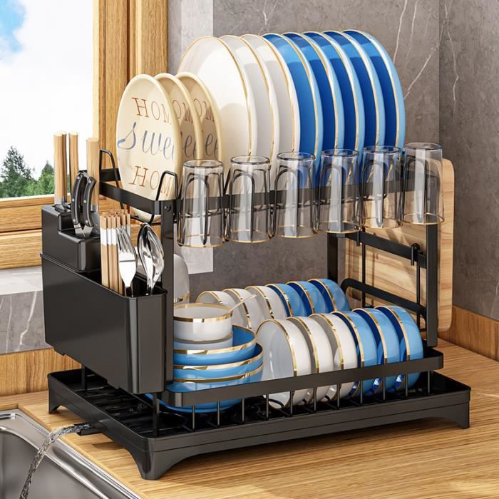 Égouttoir à vaisselle noir à 2 niveaux en acier inoxydable pour comptoirs de cuisine, livré avec Égouttoir à vaisselle noir à 2 niveaux en acier inoxydable pour comptoirs de cuisine, livré avec
