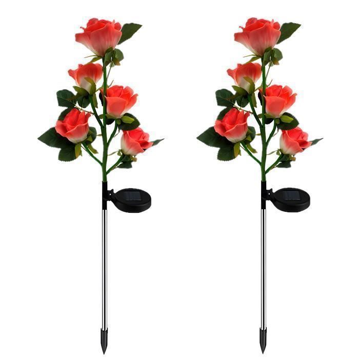 Lot de 2 Lampes Solaires d'extérieur en Forme de Roses Décoratives pour Jardin, Cour, Patio, Allée, Étanche à la Pluie-Rouge