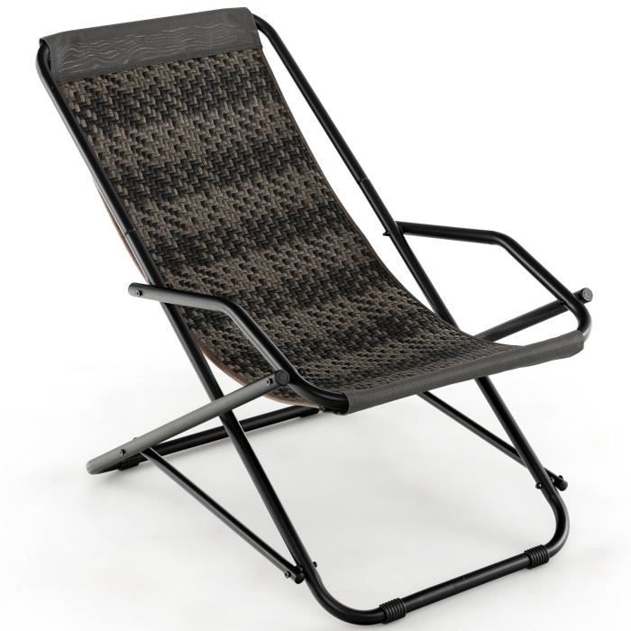 chaise de plage à bascule pliable en rotin pe anti-uv - costway - charge 150 kg - cadre en métal