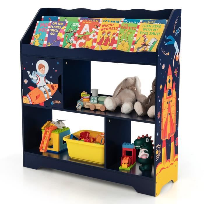 COSTWAY Organisateur de Rangement 3 en 1 de Jouets d’Enfants 93 x 30 x 100 cm Bibliothèque pour Salle de Jeux Chambre Bleu