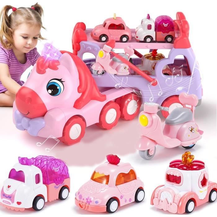 Jouet de Camion 5 PCS Transporteur Voiture Jouet Camion Jouet Enfant 2 3 4 5 6 Ans Fille Sons et Lumières Jouet Fille 2 Ans
