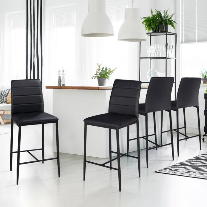 IDMARKET Lot de 4 tabourets ROMANE en PVC noir design contemporain chaises de bar rembourrées