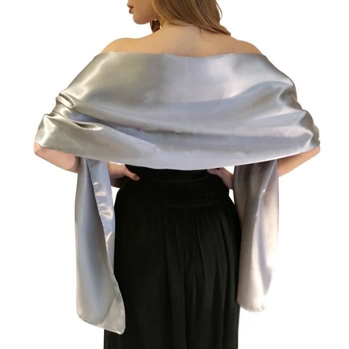 écharpe femme châle foulard étole pashmina en satin unicolore elegant soirée bal mariage cadeau grande taille 175x45cm gris pâle