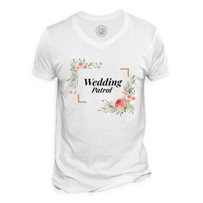 T-shirt Homme Col V Wedding Patrol Mariage Fiancée Cadre Floral