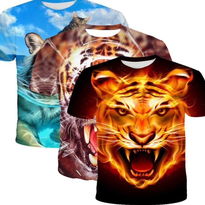 Lot de 3 T-Shirt Homme Mode,Tee-Shirt Tigre 3D Imprimé Col Arrondi Manches Courtes - couleurs multiples