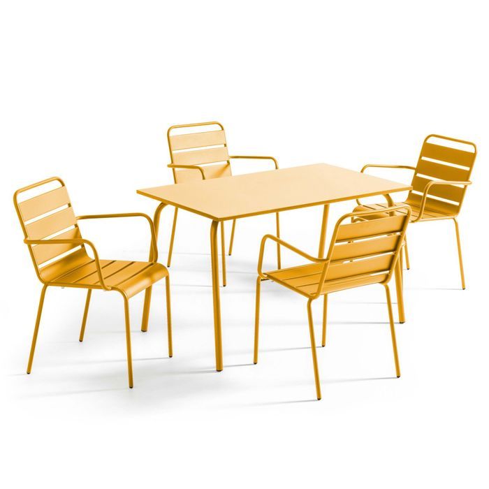 Ensemble table de jardin et 4 fauteuils en métal jaune Palavas Oviala