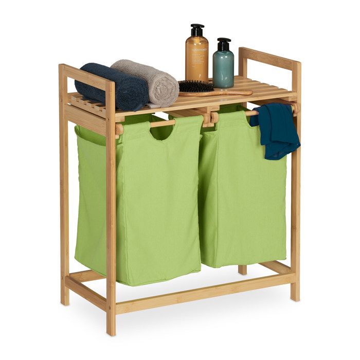 Relaxdays Meuble à linge étagère pratique 2 sacs amovibles structure en bambou HLP : 73x64x33 cm nature et vert