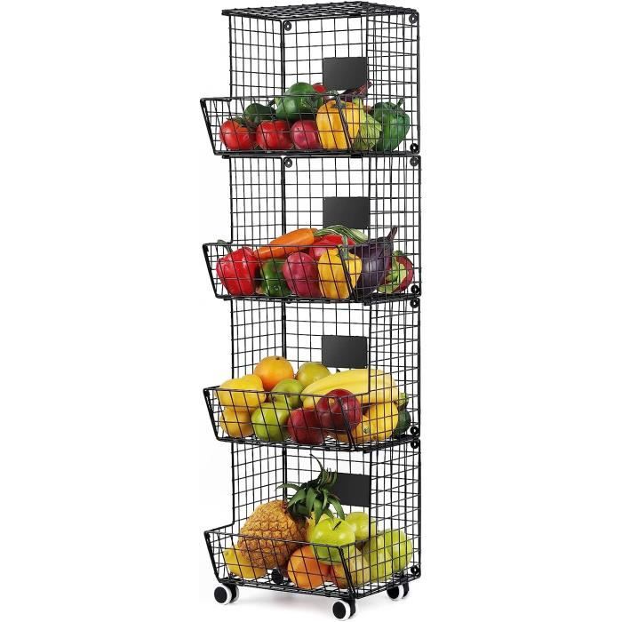 Chariot De Rangement Empilable à Roulettes 4 Niveaux - Panier Métallique Pour Fruits, Légumes, Cuisine Et Salle De Bain (Noir)