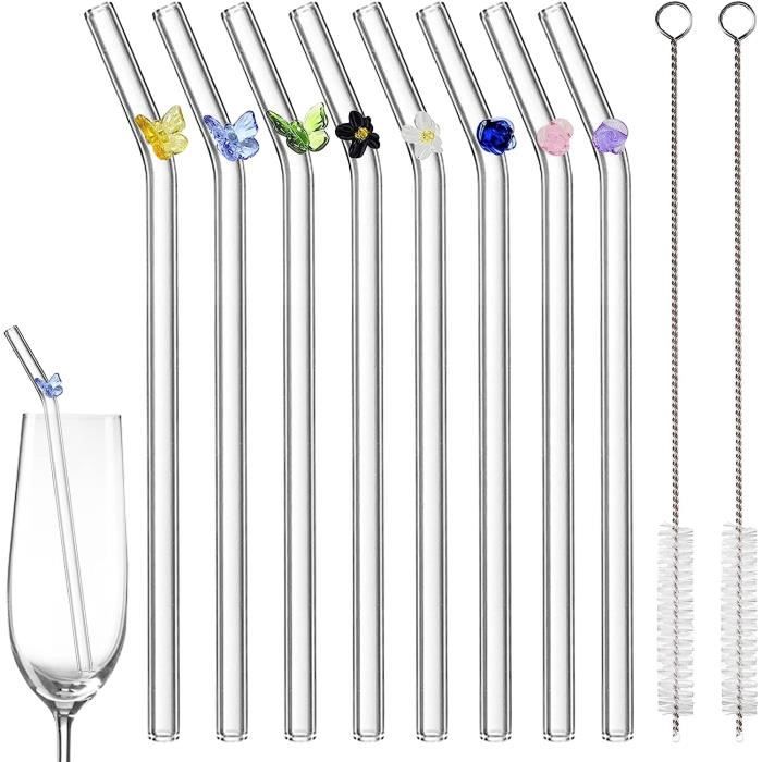 LYYDAN Lot De 8 Pailles En Verre Réutilisables De 10 Mm (4 Droites, 4 Incurvées) Avec 2 Brosses De Nettoyage Pour Le Thé Milkshake
