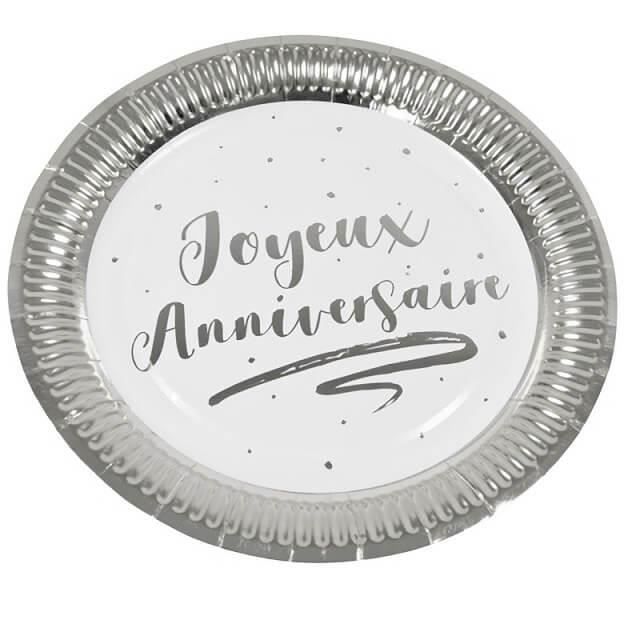 Assiette joyeux anniversaire blanche et argentée matière en carton 23cm  (x6) REF/JET003 - Cdiscount Maison