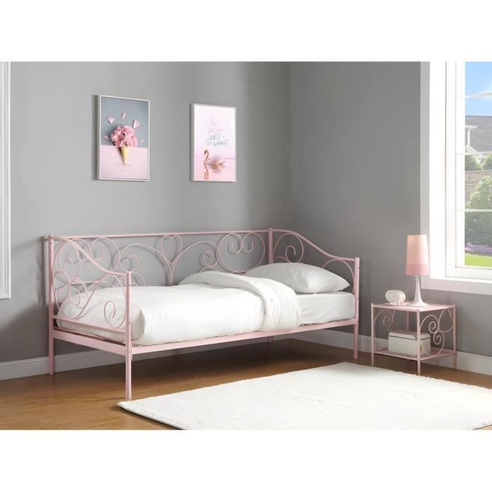 lit banquette - vivian - métal - rose - 90x200 cm - avec sommier et matelas