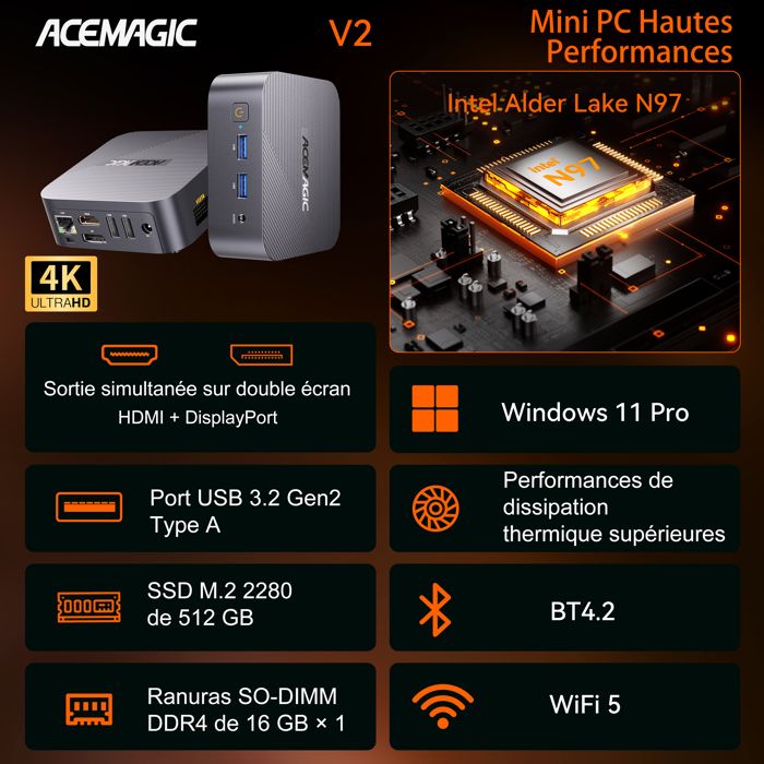 Mini PC ACEMAGIC - Alder Lake-N97 (jusqu'à 3.6GHz)- 16GB DDR4 RAM