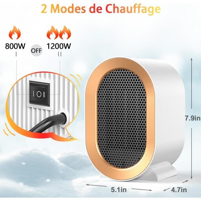 Chauffage D'Appoint 1000W Céramique PTC - Radiateur Soufflant Portable Avec Thermostat Et Sécurité
