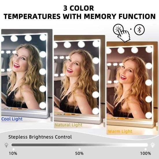 Miroir De Maquillage Hollywood FENCHILIN - 12 LED Dimming, 3 Couleurs Lumière, Rotation 360° - 30x41cm Blanc
