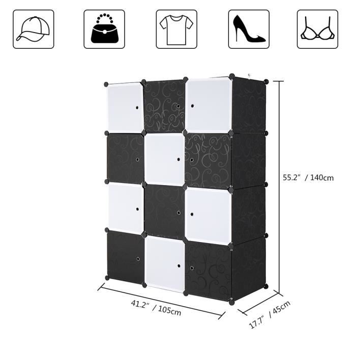 Armoire Penderie HOMIDEC 12 Cubes Portable Avec 2 Tringles - Étagère Rangement 107x46x143cm