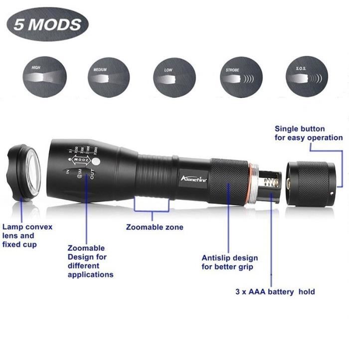 Lampe de poche tactique poche torche LED super lumineux 2000 lumens LED poche torche portable mise au point réglable torche zoomable avec 5 modes de
