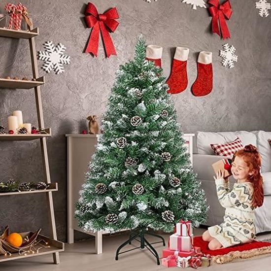 Sapin De Noël Artificiel 150 Cm NAIZY Avec Guirlande LED - 367 Branches PVC, Pommes De Pin, Support