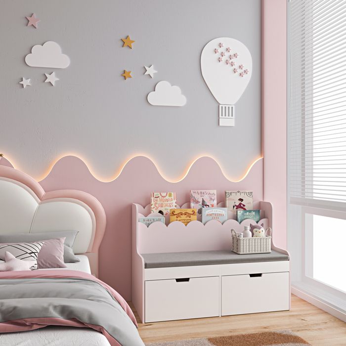 Banc De Lecture Enfant Avec étagères Et Tiroirs - 100x45x70 Cm, Rose Barbe à Papa Et Blanc, MDF