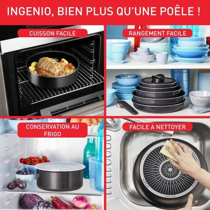 Tefal Easy Plus Ingenio, Lot de 2 poêles 24/28 cm, Poignée amovible, Non induction, Revêtement antiadhésif, Empilable, Compatible lave-vaisselle, Noir, L1509202