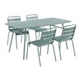 Salle à manger de jardin  en métal: une table L.160 cm et 4 chaises empilables - Vert amande - MIRMANDE-0
