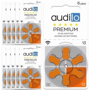 PILES Piles auditives Audilo Premium Taille 13 (PR48) - Un lot de 60 piles auditives / 10 plaquettes pour aide auditif /pile auditive