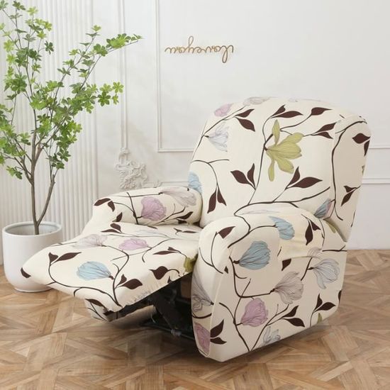 Housse Fauteuil Relax Extensible 4 Pièces - Douce, Antidérapante Avec Poches - Protection Canapé Relax à Oreilles - Motif Printemps