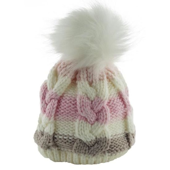 Bonnet A Pompon Tricote Pour Bebe Fille 6 A 12 Mois Rose Blanc Et Beige Cdiscount Pret A Porter