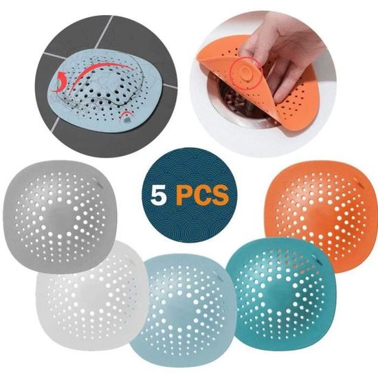 Lot De 5 Filtres De Douche En Silicone - 13x13 Cm - Attrape-cheveux Avec Ventouses - Pour Douche, Baignoire, évier - Gris Et Blanc - 4