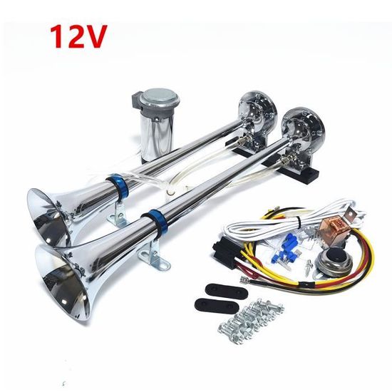 Klaxon Pneumatique Train/camion 12V - 5 Trompettes + Compresseur - 185 DB - Pour Voiture, Camion, Bateau - Kit Complet