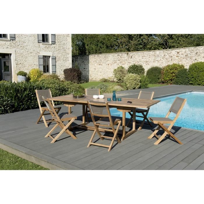 Ensemble de jardin en teck : 1 table rectangulaire extensible 180 / 240 x 100cm- 3 lots de 2 chaises pliantes en textilène, taupe JA