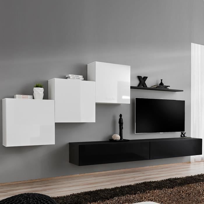 Meuble TV suspendu blanc et noir DUCCIO L 330 x P 40 x H 160 cm Blanc
