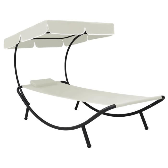 3067MeubleDéco Chaise longue de jardin avec auvent et oreiller Blanc crème Chaise Longue de Jardin grand confort-Transat BAIN DE SOL