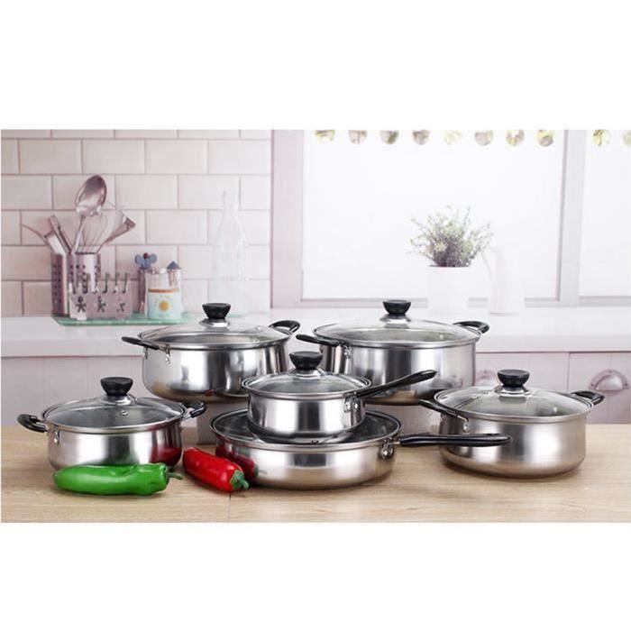 6 kit de Batteries de Cuisine, Casseroles et Poêles en Acier Inoxydable 12 Pièces avec Couvercle en Verre