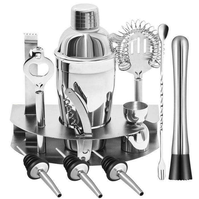12 pièces barre barman acier inoxydable Cocktail Shaker mélangeur Kit Shaker cuillère glace Tong outils ensemble avec casier à v