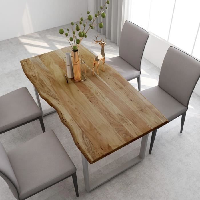 Table salle à manger de 4 à 6 personnes Industriel et Rustique - Bois d'acacia Solide & Pieds en Acier Argenté - 160x80x76 cm