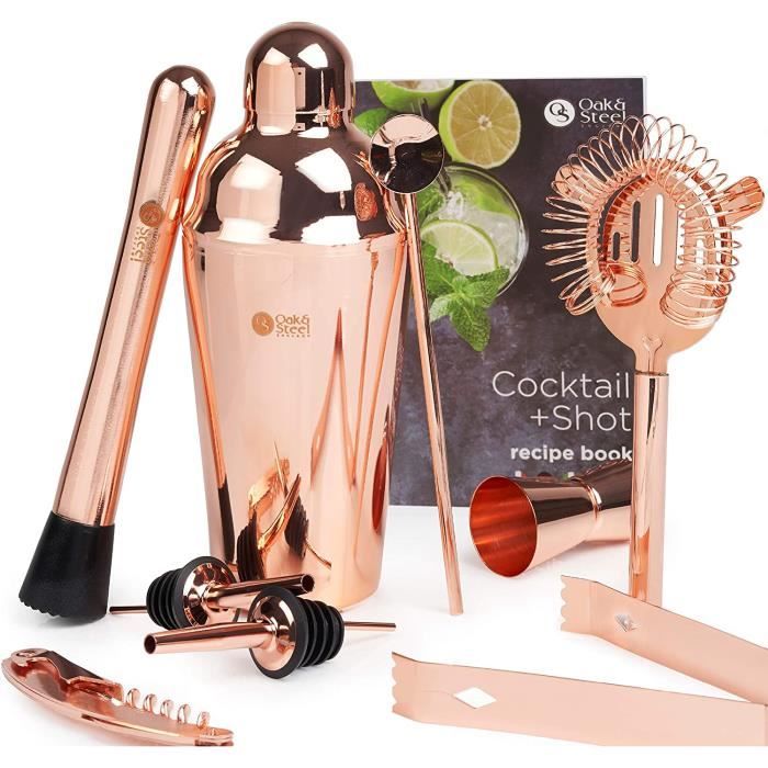 Oak and Steel 10 Pièces Shaker Cocktail Professional Set, Cuivre (Or Rose)+ Recettes de Cocktails - Complet Bar Shaker à Cockta A143