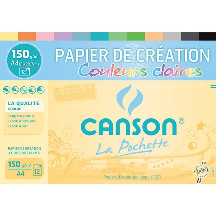 CANSON Pochette papier de création 12 feuilles A4 - 150 g - Couleurs claires