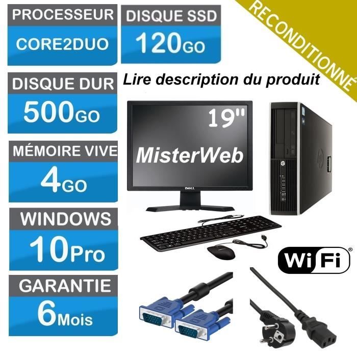Unité Centrale + écran - Core2duo - Ssd 120 Go - Hdd 500 Go - Ram 4 - Ecran 19' - Win 10 - Format Desktop Ssf